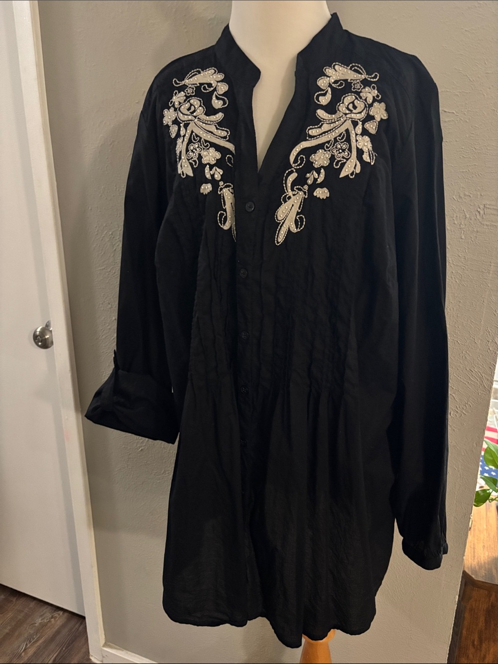 Style & Co. Black Longline Tunic with White Embroidered Accents